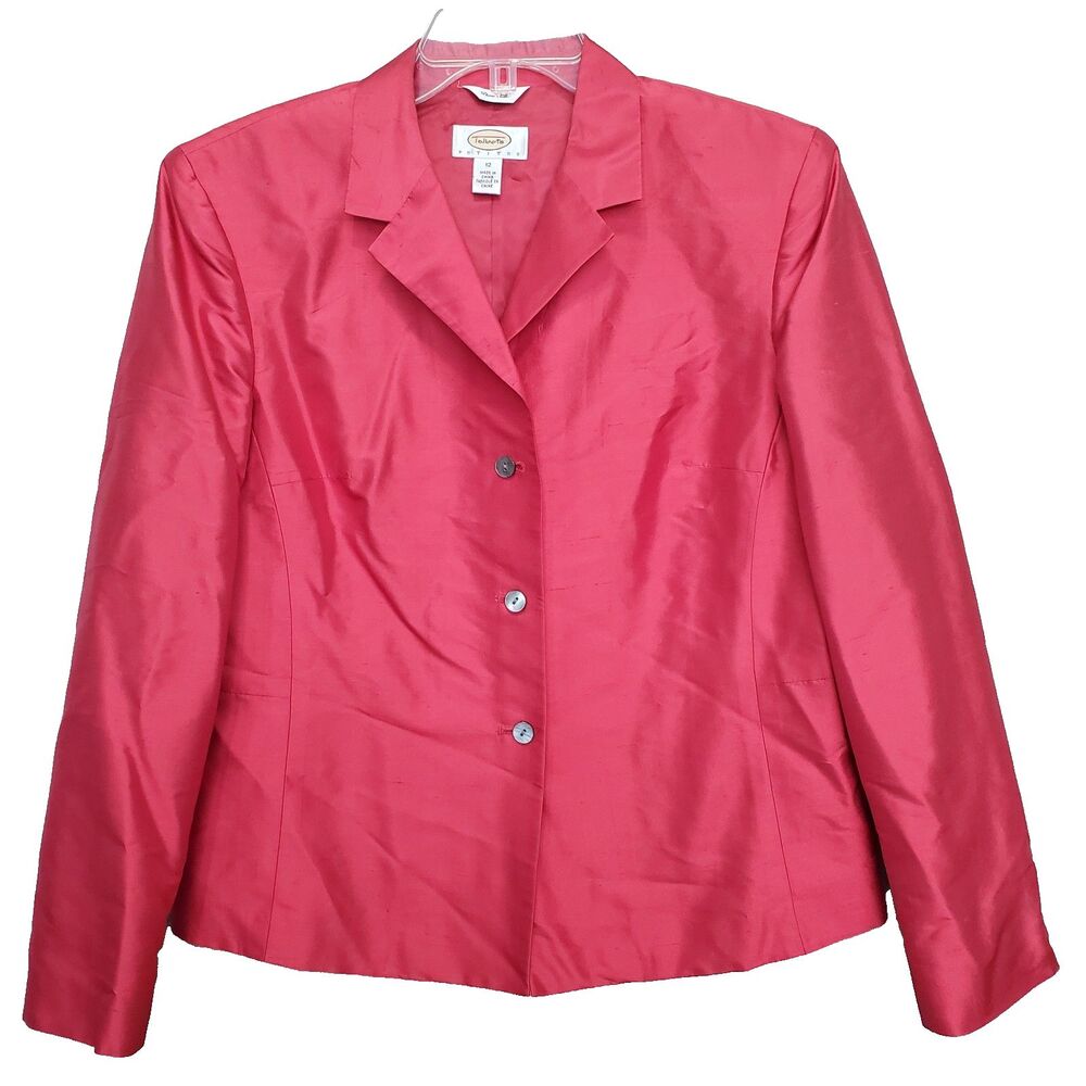 Talbots Petites 100% Pure Silk Red Long Sleeve Lined Button-Up Blazer 12P VTG